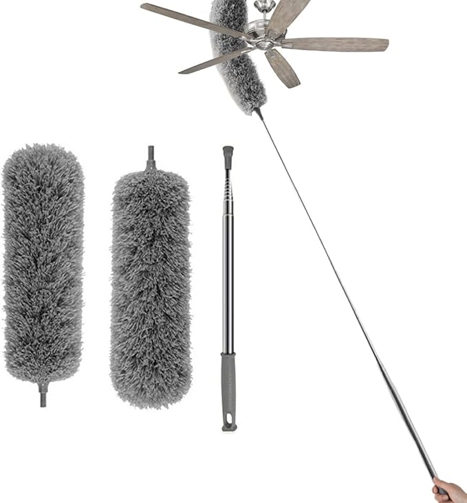 Microfiber Cobweb Duster with 16-100 Inch Extension Pole, Washable Cleaning Duster Kit with 2 Duster Heads Bendable Washable Head Ceiling Fan Duster for High Ceilings, Blinds, Furniture & Car Cleaning