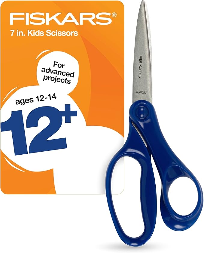 Fiskars 7" Student Scissors for Kids Ages 12-14, Scissors for School or Crafting, Back to School Supplies, Blue
