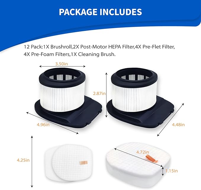 Leemone Kucbraly IZ462H Filter Replacements for Shark IZ462H IZ483H IZ482H IZ440H Vertex Cordless Stick Vacuum Cleaner, 2 Filters, 4 Foam & Felt Filters, 1 Brushroll, Part: XHF161H & 617FJ140, 12 Pack