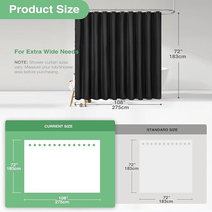 Dynamene Extra Wide Shower Curtain-108 Inch Wide Waffle Weave Weighted Thick Cloth Bathroom Shower Curtain, Neutral Heavy Duty Hotel Bath Curtain Set with 18 Plastic Hooks,108x72,Black