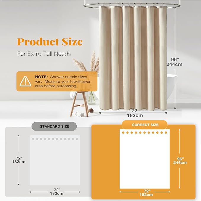BTTN Extra Long Fabric Shower Curtain, 96 Inch Linen Textured Heavy Duty Cloth Shower Curtain Set with 12 Plastic Hooks, Large Hotel Luxury Polyester Shower Curtains for Bathroom(72"x96", Beige/Cream)