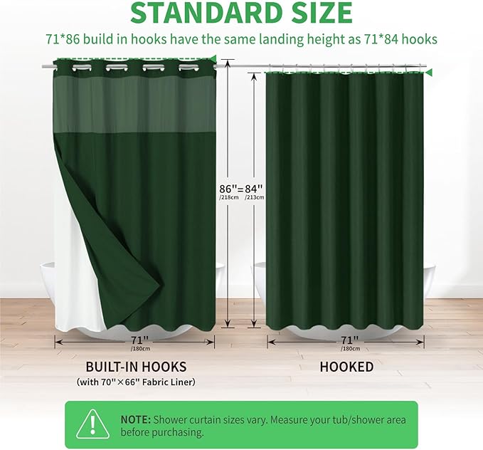 Extra Long No Hooks Needed Linen Textured Shower Curtain with Snap-in Fabric Liner Set,White Hotel Luxury Decor Shower Curtains for Bathroom,Waterproof & Washable,71Wx86H,Emerald Green