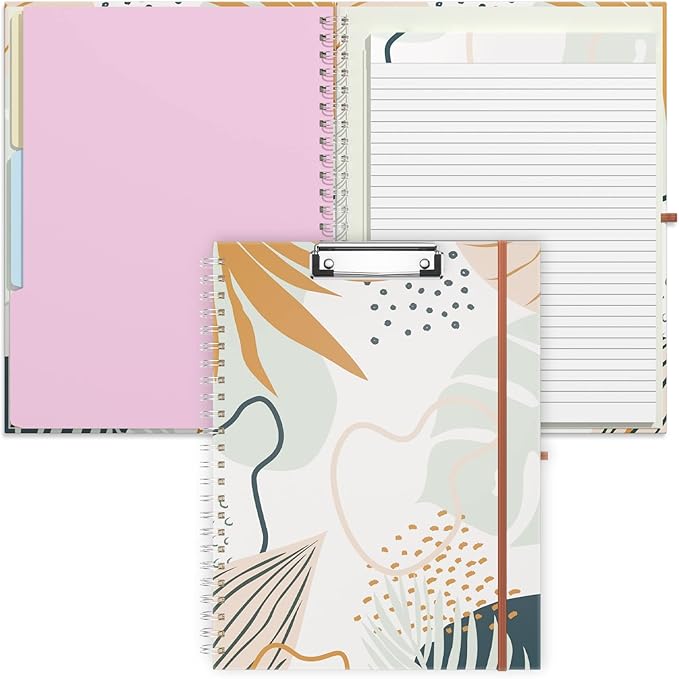 Rimilak Spiral Clipboard Folio with Refillable Lined Notepad, 14.5 x 9.8 In, Hardcover Cover with 5 Interior Pockets, Elastic Band and Pen Loop Series. Cute Stylish Clipfolio, Bohe Leaves