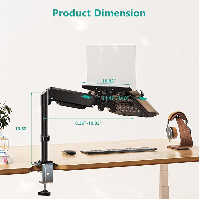 WALI Laptop Desk Mount for 15.6 inch Notebook, Adjustable Single Monitor Arm with Laptop Holder for 32 inch Screen, Laptops Stand with Ventilated Tray, Up to 22 Lbs, (GSDM00LP), Black