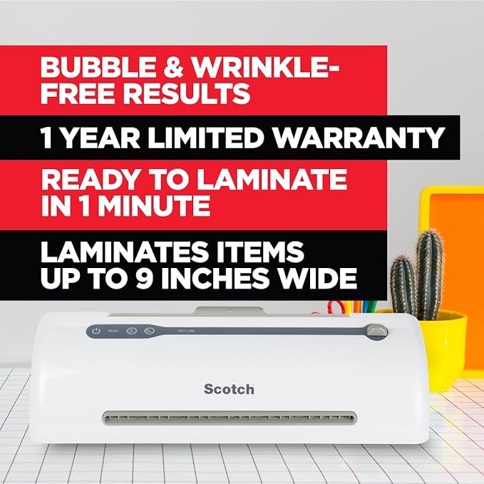 Scotch Rapid Thermal Laminator, Ready in 1 Minute, Never Jam Technology Automatically Prevents Misfed Items, 9 inch, Includes 2 Pouches (TL909X-EF), 1 Packs per case