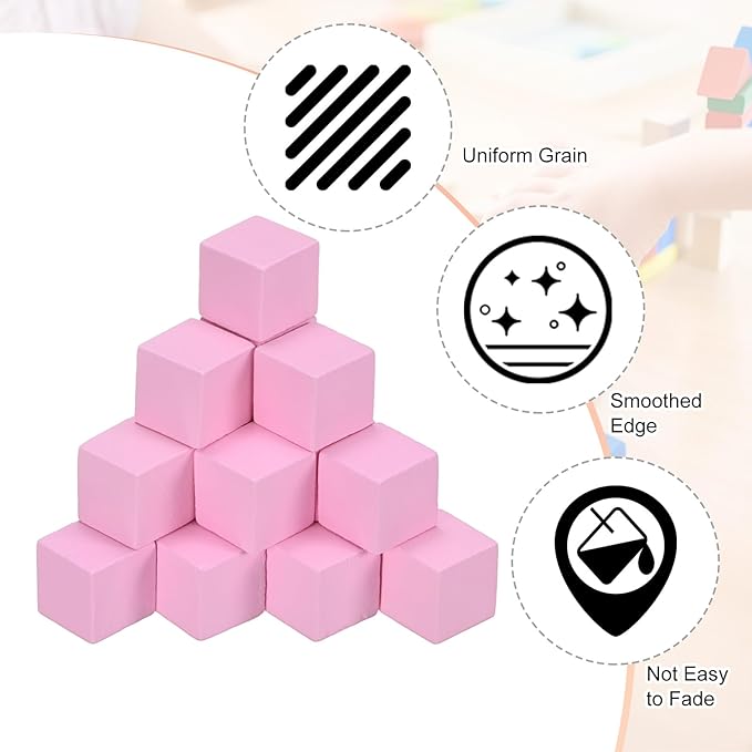 50-Pack DIY Wooden Cube, 0.6 Inch(1.5 Cm) Colored Natural Wood Blocks for Crafts Making Puzzle Games/Wedding/Home Decor/Dice/Building, Square Blank Block [Pink]
