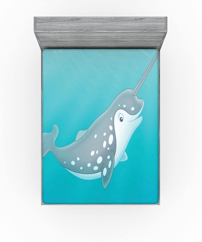 Ambesonne Narwhal 2 Pack Fitted Sheet, Cartoon Mammal Drawing, Bed Cover All-Round Elastic Deep Pockets 2 Pieces, Package Contains 2 Queen Size Fitted Sheets, Seafoam White