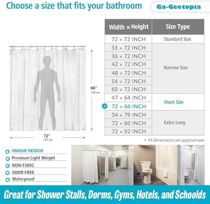 Ga-Geetopia Short - EVA Clear Shower Curtain Liner, Pebble Pattern 72x66 Inch Lightweight Plastic Bathroom Shower Showroom Inner Curtain with Rustproof Metal Grommets and Weighted Magnets