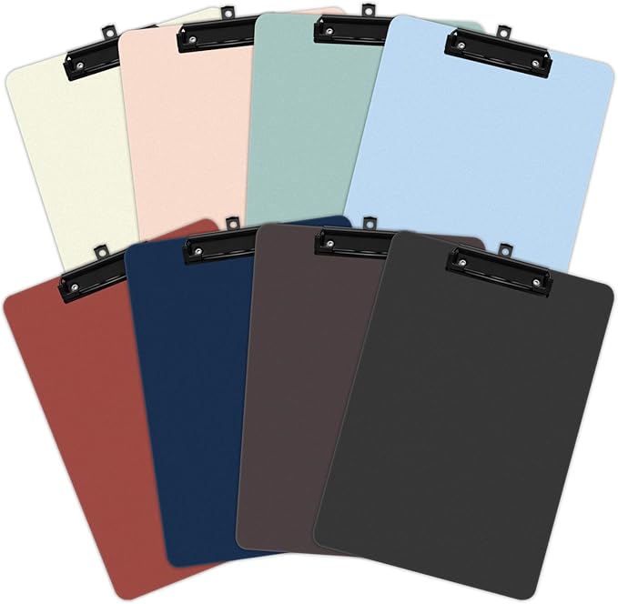8 Pack Colored Clip Boards,Plastic Clipboards with Low Profile Metal Clip,Hangable Clipboard,Low Profile Clip Board 12.5 x 9 Inch Standard Letter Size