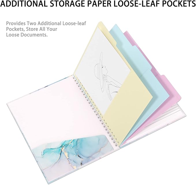 Rimilak Spiral Clipboard Folio with Refillable Lined Notepad, 14.5 x 9.8 In, Hardcover Cover with 5 Interior Pockets, Elastic Band and Pen Loop Series. Cute Stylish Clipfolio, Purple Marble
