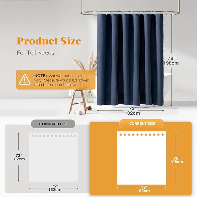 BTTN 78 Inch Long Shower Curtain - Linen Textured Thick Weighted Fabric Shower Curtain Set with 12 Hooks, Tall Neutral Heavy Duty Waterproof Polyester Shower Curtains for Bathroom - 72x78 - Navy Blue