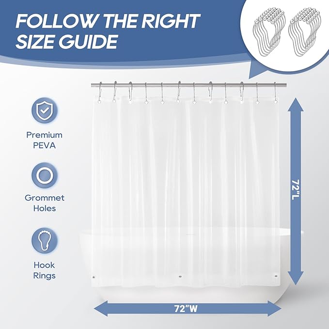 downluxe Clear Shower Curtain Liner with Hooks, PEVA Plastic Shower Liner, 72" W x 72" L Waterproof Lightweight Bathroom Curtain(12 Hooks, 1PC)