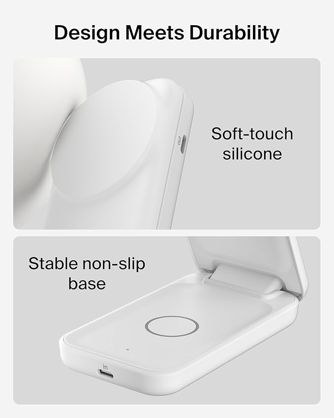 Belkin MagSafe Charger Compatible, 2-in-1 Charging Station, Qi2.2 25W Magnetic Wireless Charger Dock, Foldable Stand, with 5W USB-C Port, for iPhone 17/16/15, Pixel 10, AirPods (45W Adapter Included)