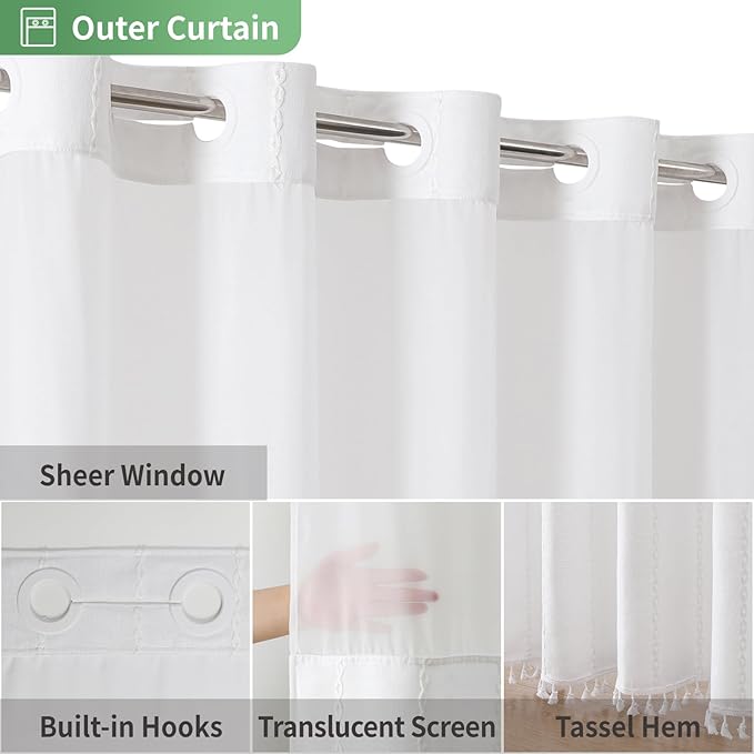 No Hook Stall Shower Curtain with Snap-in Fabric Liner - 54x80 Heavy-Duty Linen Textured Striped Design,Narrow Rustic Modern Farmhouse Bohemian Bathroom Curtain,Water-Repellent,White
