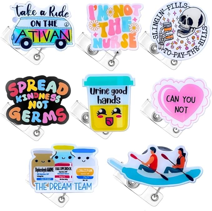 YJ PREMIUMS 8pc Cute Funny Nurse Badge Reel Retractable Name ID Clip for Nurses Nursing School Students Doctor Medical Assistant MA CNA RN ER Work Accessories Essentials Gifts for Nurses Bulk