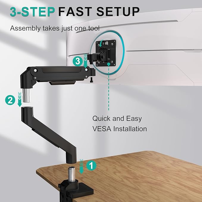 WALI Ultrawide Monitor Arm for 13-49 Inch Heavy Duty Curved Screens, Holds up to 44 Lbs, Adjustable Gas Spring Single Monitor Desk Mount with C-Clamp, Grommet Base, 75/100mm VESA, (GSM001XL), Black