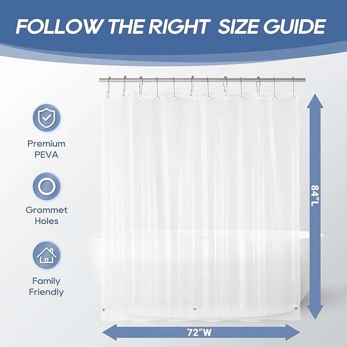 downluxe Clear Shower Curtain Liner with Magnets, PEVA Plastic Shower Liner, 72" W x 84" L Waterproof Lightweight Bathroom Curtain