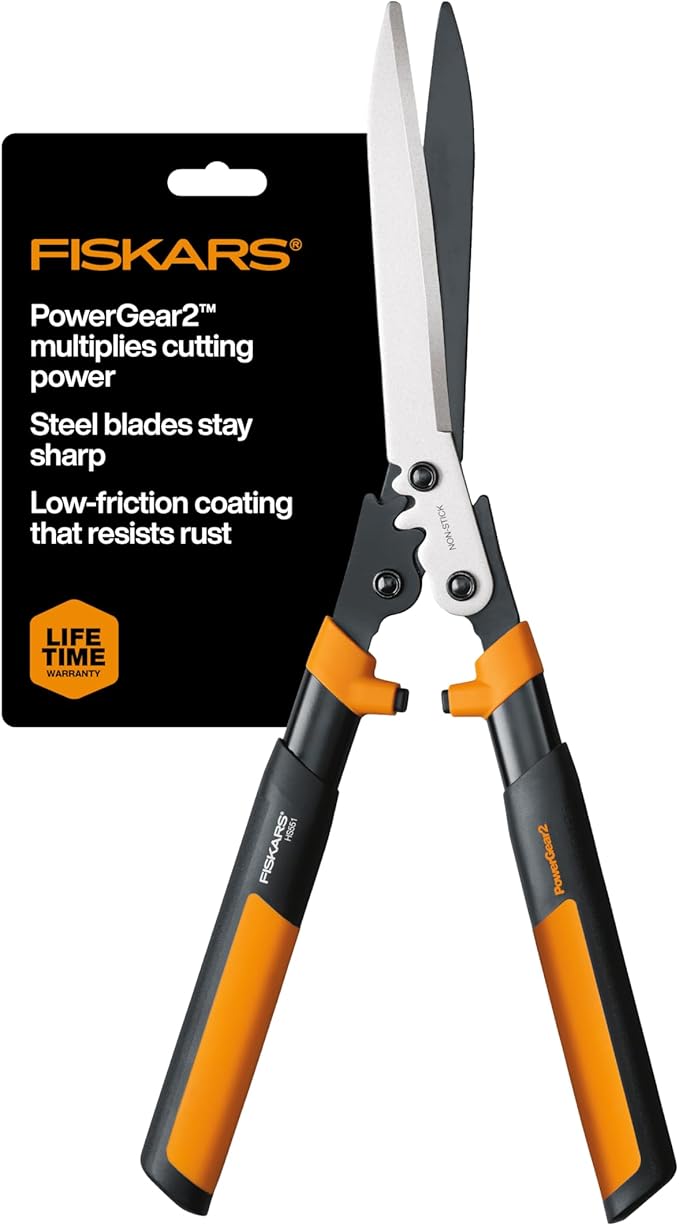 Fiskars 23" Hedge Shears, Hedge Clippers with PowerGear2 Technology that Multiplies Power for Less Effort, Garden Shears with SoftGrip Handles and Shock-Absorbing Bumpers
