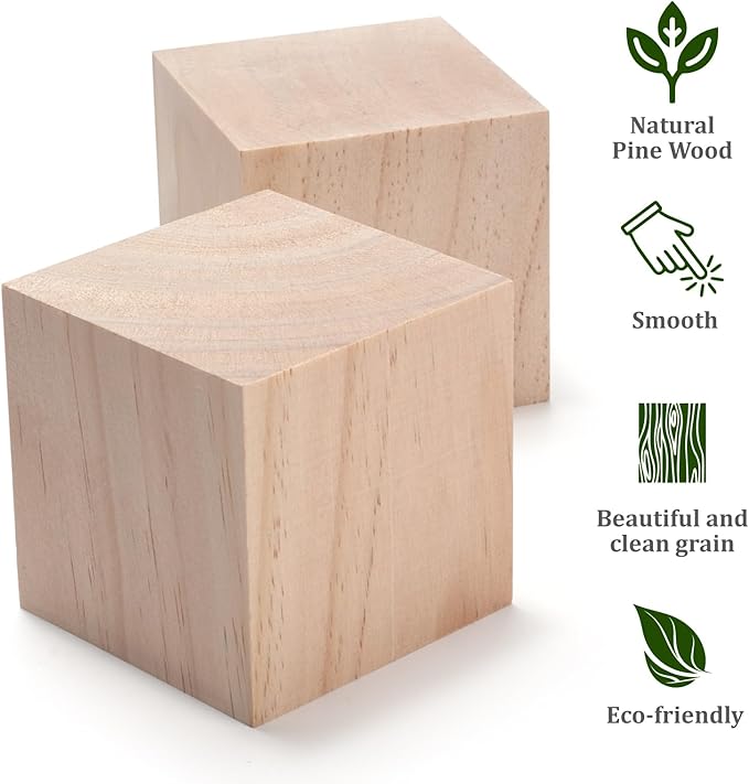 Wooden Cubes Wood Blocks for Crafts 3 inch, 2 PCS Large Blank Wooden Blocks Wood Cubes for Baby Shower, Unfinished Plain Squares for Crafting, Counting Block, Alphabets Letters, Stamps, Dice