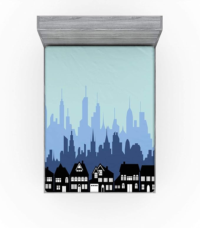 Ambesonne Silhouette Fitted Sheet, City Houses Business Skyline Urban Outdoor Scene Illustration, Bed Cover with All-Round Elastic Deep Pocket for Comfort, Queen Size, Black Seafoam and Blue Grey