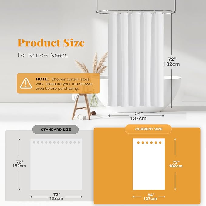 BTTN Fabric Shower Curtain, Linen Textured Heavy Duty Polyester Cloth Shower Curtain Set with Plastic Hooks, White, 54" W x 72" L (Pack of 1)