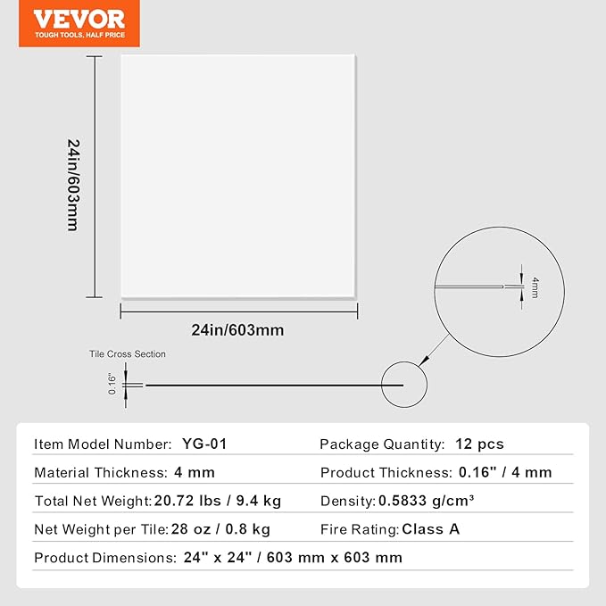 VEVOR 12-Pack 24 x 24 in Drop Ceiling Tiles - Premium PVC Foam Sheet, Fire-Rated & Flexible, Easy Installation, Home/Office Decoration, Smooth White