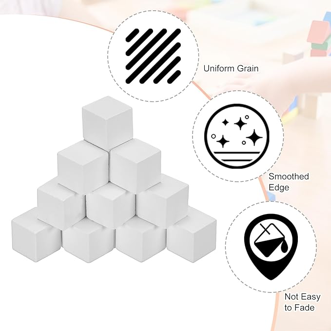50-Pack DIY Wooden Cube, 0.6 Inch(1.5 Cm) Colored Natural Wood Blocks for Crafts Making Puzzle Games/Wedding/Home Decor/Dice/Building, Square Blank Block [White]