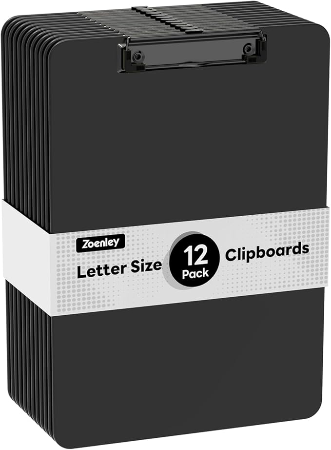 Plastic Clipboard Set of 12, 12.5 x 9'' Letter Size for Classroom, Students, Teacher, Nurse, A4 Black 8.5 x 11'' Clip Board with Low Profile Black Clip, Office & School Supplies