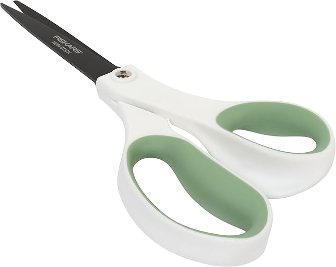 Fiskars Everyday Fashion Scissors, 8" Non-Stick Stainless Steel Blades, White and Green, Cuts Sticky Materials Like Tape and Glue
