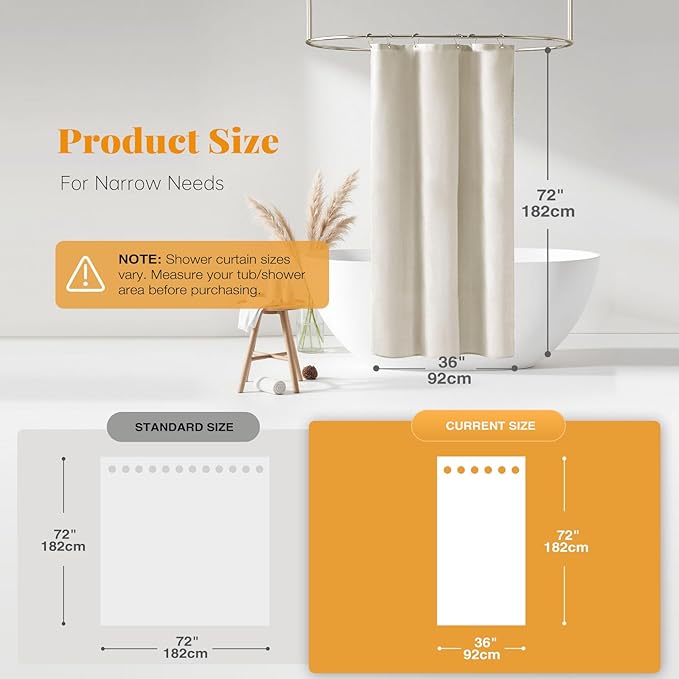 BTTN Stall Fabric Shower Curtain - 36x72 Inch Narrow Linen Textured Heavy Duty Shower Curtain Set with 6 Plastic Hooks, Hotel Spa Luxury Half Waterproof Neutral Bath Curtains for Bathroom, Light Cream