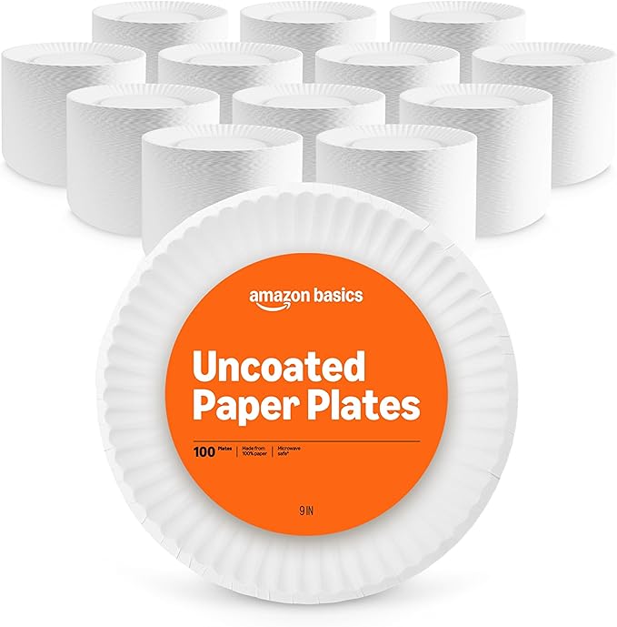 Amazon Basics 9" Uncoated White Paper Plates 1200 Count (Pack of 12)