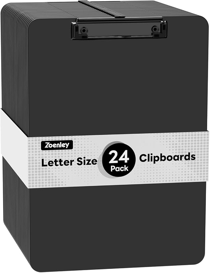 Plastic Clipboard Set of 24, 12.5 x 9'' Letter Size for Classroom, Students, Teacher, Nurse, A4 Black 8.5 x 11'' Clip Board with Low Profile Black Clip, Office & School Supplies