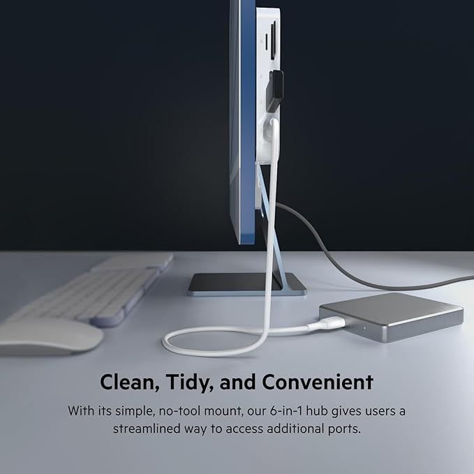 Belkin USB-C 6-in-1 Multiport Hub with Mount, USB-C Docking Station with MicroSD Card Reader, Powered USB Hub, Compatible with MacBook, Chromebook, iMac, PC, and Other USB-C Devices - White