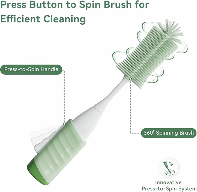 Bottle Brush Set, Innovative Efficient Press-to-Spin Brush Cleaner - Includes Silicone Baby Bottle Brush, Nipple Brush, Straw Cleaner - Spinning Generates Rich Foam for Deep Cleaning, Green