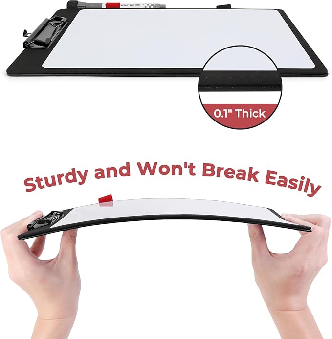 Hardboard Dry Erase Clipboard | 9”x12.5” Premium PU Leather Executive Clipboard with Anti-Ghosting Surface | Strong Clip Holds Letter & A4 Paper | for Office, School, Teacher, Nurse (Black)