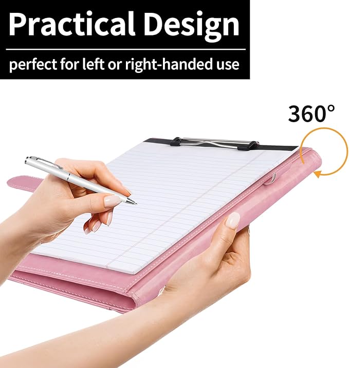 Professional Padfolio with Clipboard, Faux Leather Portfolio Folder Binder, Legal Pad Holder for A4 Letter Size Notepad, Resume, Writing, Ideal Organizer for Business Office Conference (Pink)