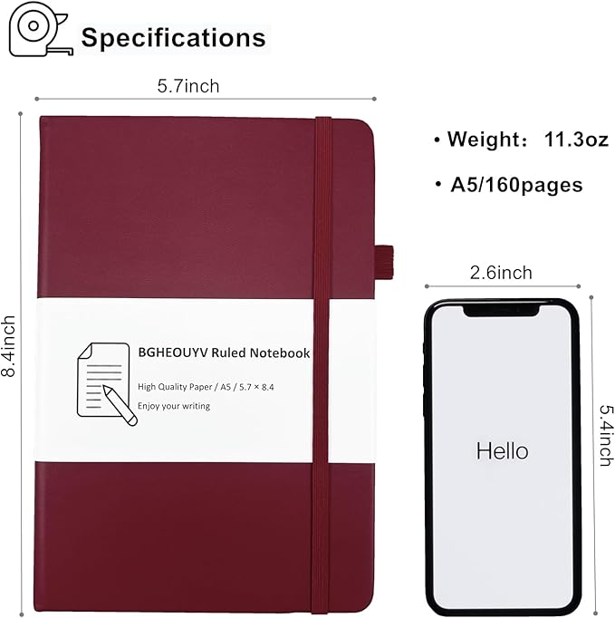 Notebook Journal, College Ruled Notebook Lined A5 160 Pages,Hard Cover Journals for Writing, Notebooks for Work Office School Women Men,5.7 inches x 8.4 inches(Wine Red)