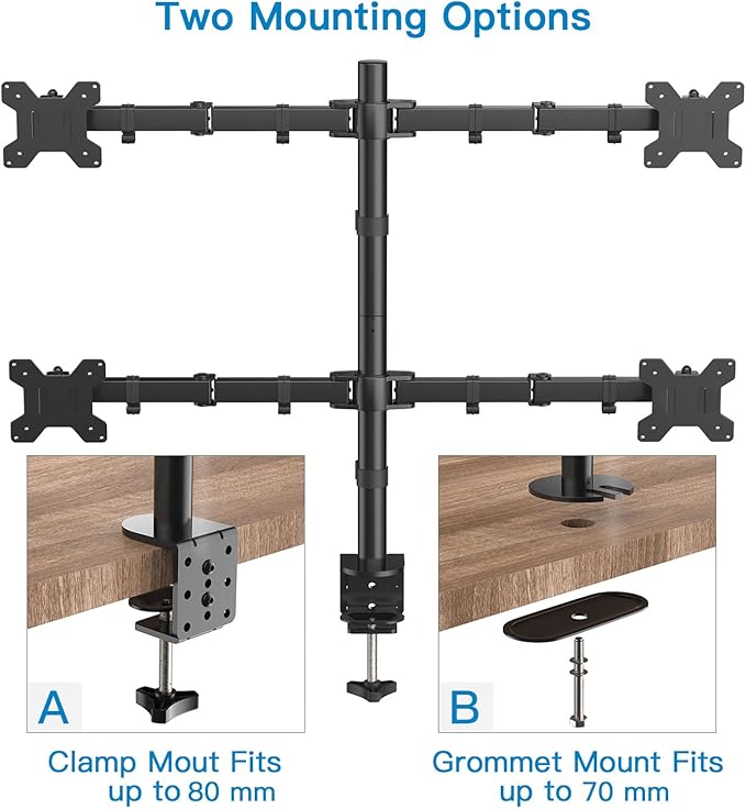 HUANUO Quad Computer Monitor Mount - Heavy Duty LCD Computer 4 Monitor Stand with Full Articulation, Fits Four Screens up to 27 Inches - Each Arm Holds up to 17.6lbs, VESA 75x75-100x100mm
