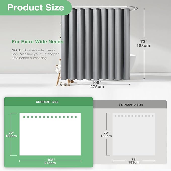 Dynamene Extra Wide Shower Curtain-108 Inch Wide Waffle Weave Weighted Thick Cloth Bathroom Shower Curtain, Neutral Heavy Duty Hotel Bath Curtain Set with 18 Plastic Hooks,108x72, Grey/Gray