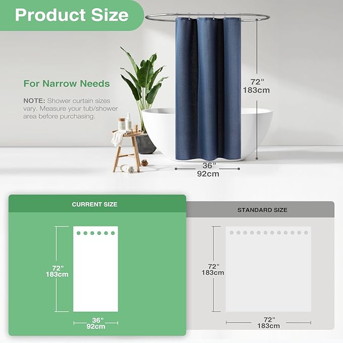 Dynamene Stall Fabric Shower Curtain - 36x72 Waffle Weave Weighted Cloth Shower Curtains for Bathroom, Neutral Heavy Duty Hotel Spa Luxury Bath Curtain Set with 6 Plastic Hooks,Navy Blue