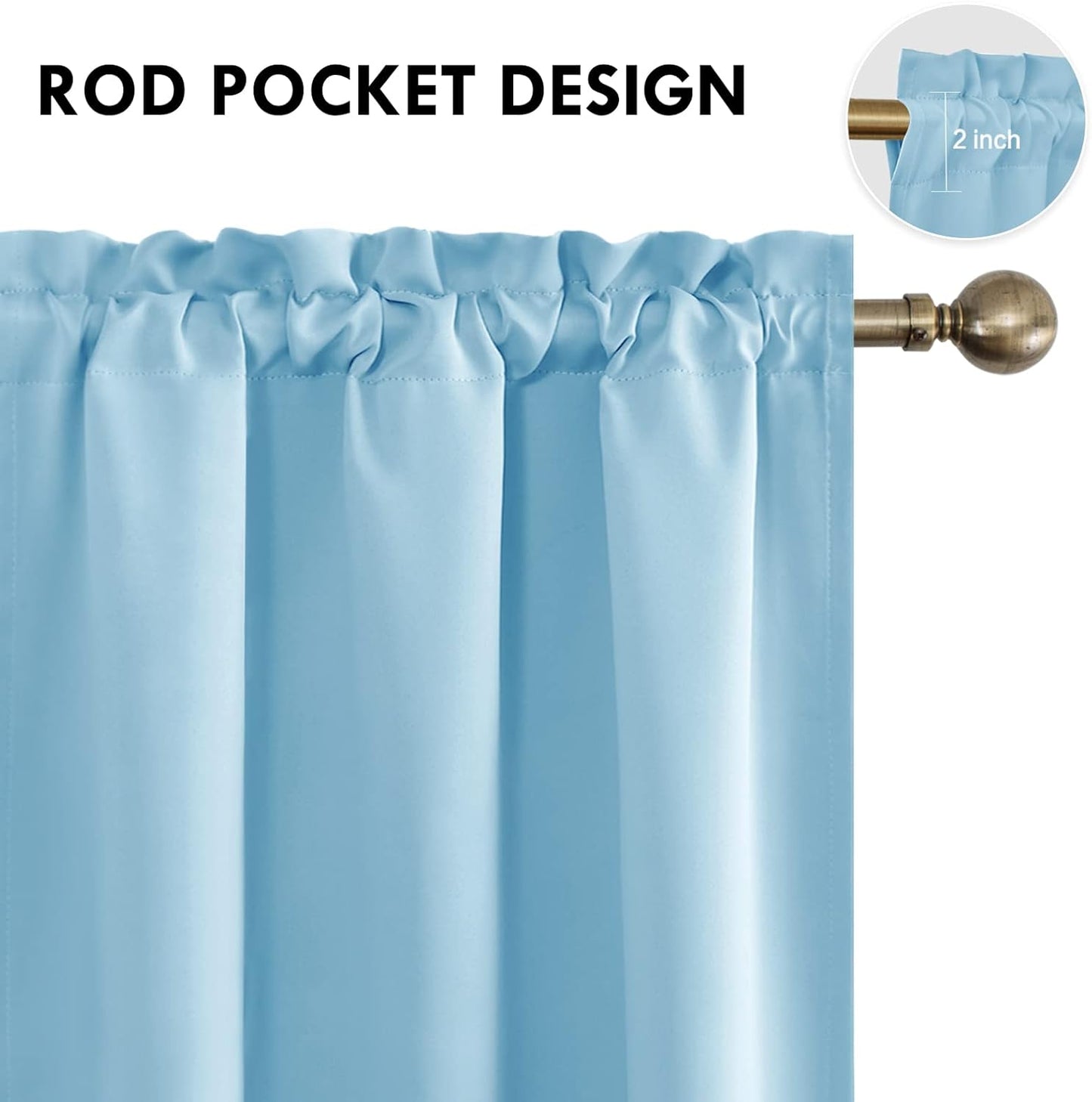 DWCN Blackout Curtains Thermal Insulated Energy Saving Bedroom and Kitchen Curtains Window Treatments, W 38 x L 45 Inch, Set of 2 Light Blue Rod Pocket Drapes