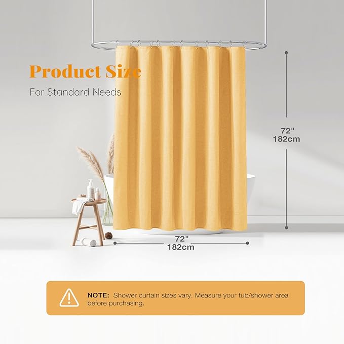 BTTN Gold Fabric Shower Curtain - Linen Textured Weighted Cloth Shower Curtain Set with 12 Plastic Hook, Machine Washable, Modern Hotel Spa Luxury, Decorative Neutral Bath Curtains for Bathroom, 72x72