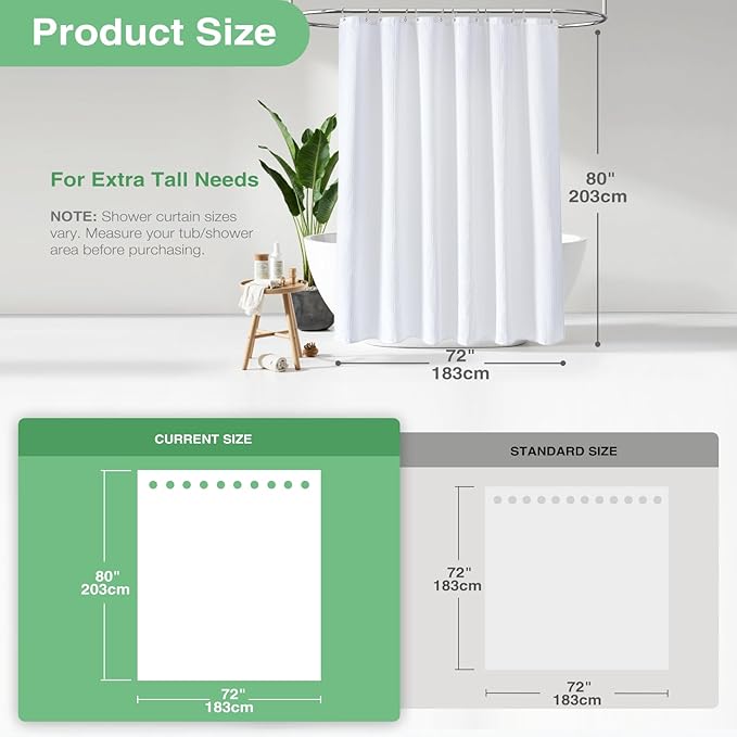 Dynamene Long White Fabric Shower Curtain - Waffle Textured Tall Heavy Duty Cloth Shower Curtains for Bathroom, 256GSM Large Hotel Spa Luxury Bath Curtain Set with 12 Plastic Hooks(72Wx80H, White)