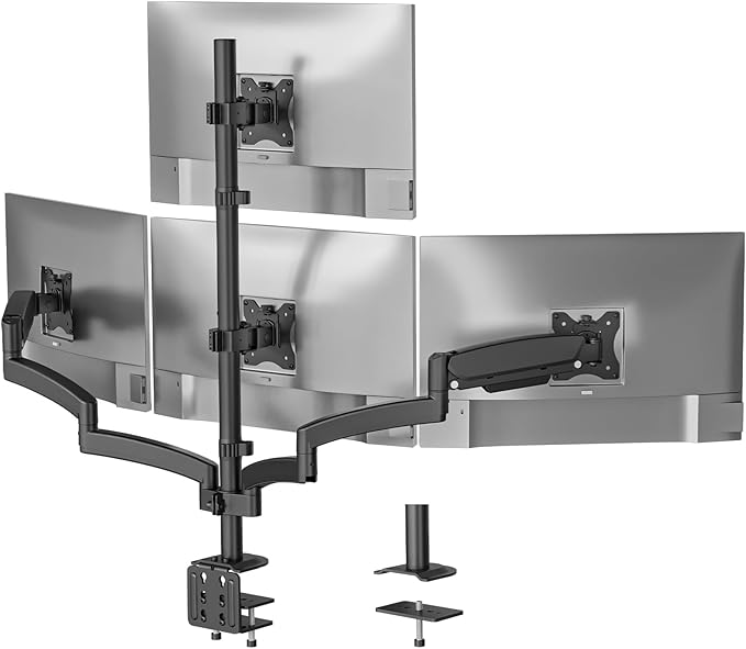 WALI Quad Monitor Mount for 13-27 inch Screens, Extra Tall 4 Monitors Desk Mount, up to 19.8lbs, 32.2 inch Height Max, Fully Adjustable Gas Spring 4 Monitor Stand, VESA 75/100mm (GSDM004S), Black