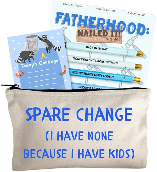 Moonlight Makers Funny Office Supplies Gift Set - Fatherhood Pen Set, Today's Garbage Notepad, Spare Change Zipper Pouch - Cute Stationery Sets for Women, Funny Gifts for Friends and Coworkers