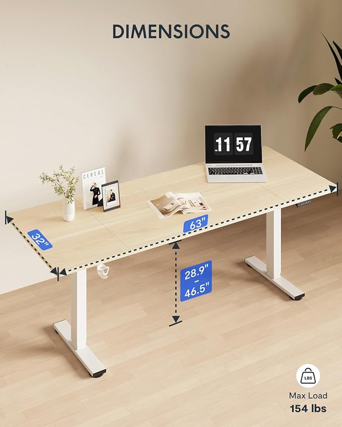 FLEXISPOT 63x32 Inch Electric Large Standing Desk for Home & Office, Spacious Splice Board Desk with Cable Management & Organizer, Cup Holder & Hook, White Wood Grain