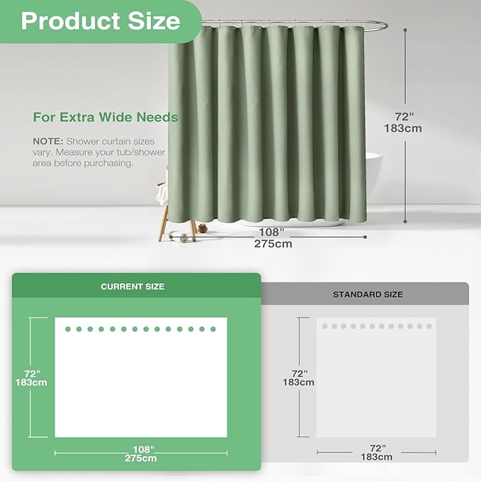 Dynamene Extra Wide Shower Curtain-108 Inch Wide Waffle Weave Weighted Thick Cloth Bathroom Shower Curtain, Neutral Heavy Duty Hotel Bath Curtain Set with 18 Plastic Hooks,108x72, Sage Green