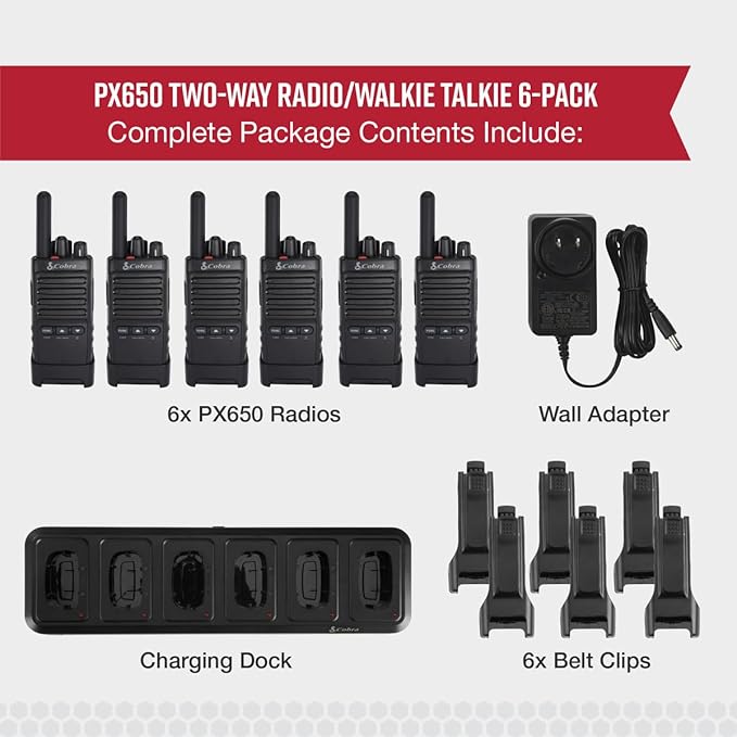 Cobra PX650 BCH6 - Professional/Business Walkie Talkies - Rechargeable, 300,000 sq. ft/25 Floor Range, Dust Protected and Splashproof (IP54 rating), Two-Way Radio Set (6-Pack)