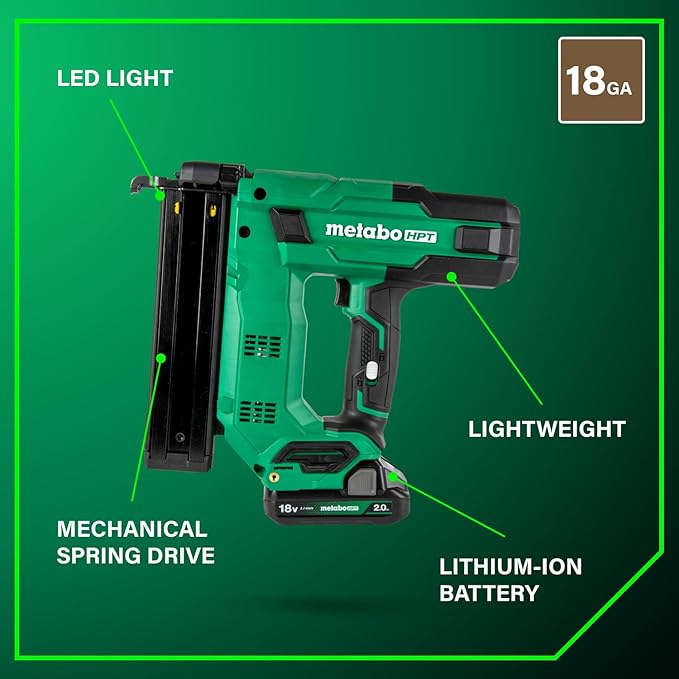 Metabo HPT 18V MultiVolt Cordless Narrow Crown Stapler Kit, 18 Gauge 1-1/2" Stapler with Power Tool 2.0Ah Lithium Ion Battery, Drives 1/2" to 1-1/2" Staples, 5-Year Warranty, N1804DB