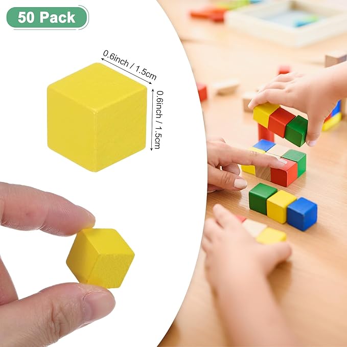 50-Pack DIY Wooden Cube, 0.6 Inch(1.5 Cm) Colored Natural Wood Blocks for Crafts Making Puzzle Games/Wedding/Home Decor/Dice/Building, Square Blank Block [Yellow]